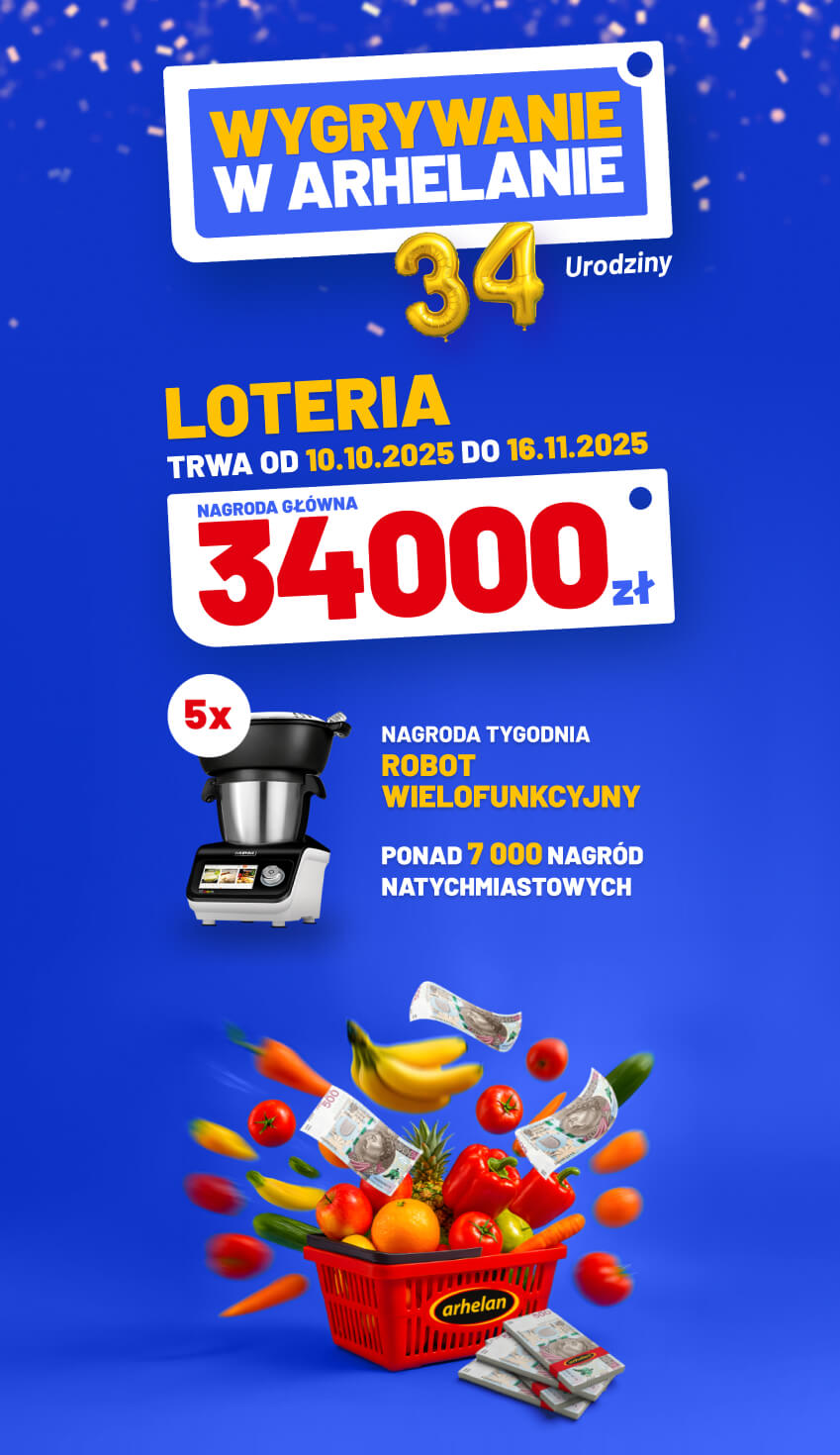 Loteria trwa od 10.10.2025 do 16.11.2025, nagroda główna - 34000 zł, nagroda tygodnia - 5x robot wielofunkcyjny i 7000 nagród natychmiastowych o wartości 100000 zł