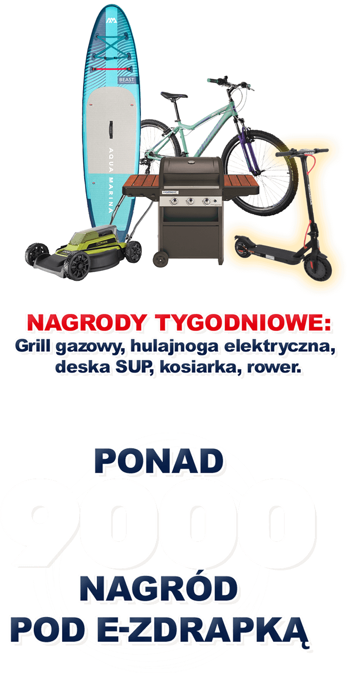 Nagrody tygodniowe - Grill gazowy, hulajnoga elektryczna, deska SUP, kosiarka, rower
