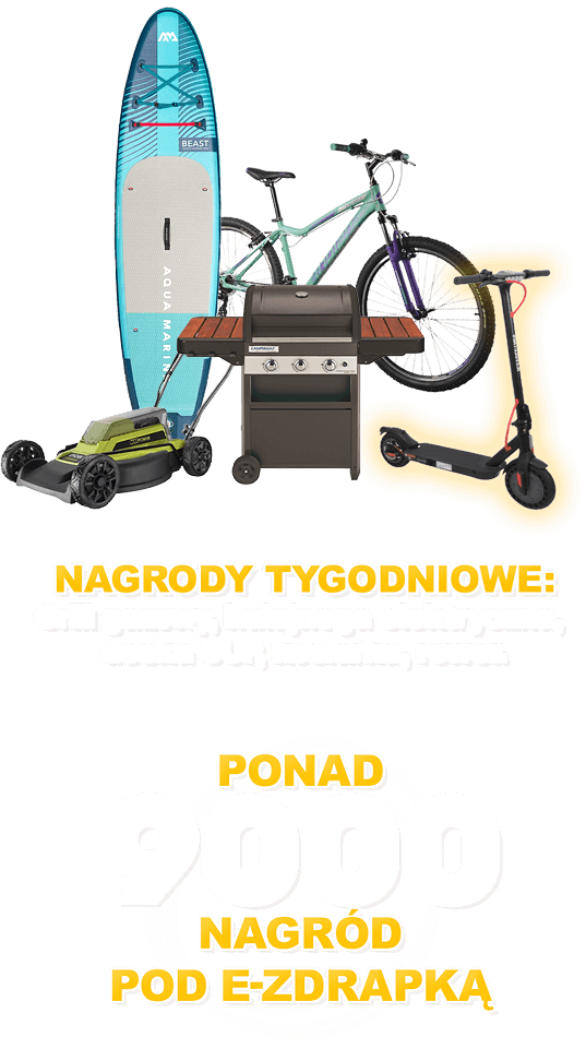 Nagrody tygodniowe - Grill gazowy, hulajnoga elektryczna, deska SUP, kosiarka, rower